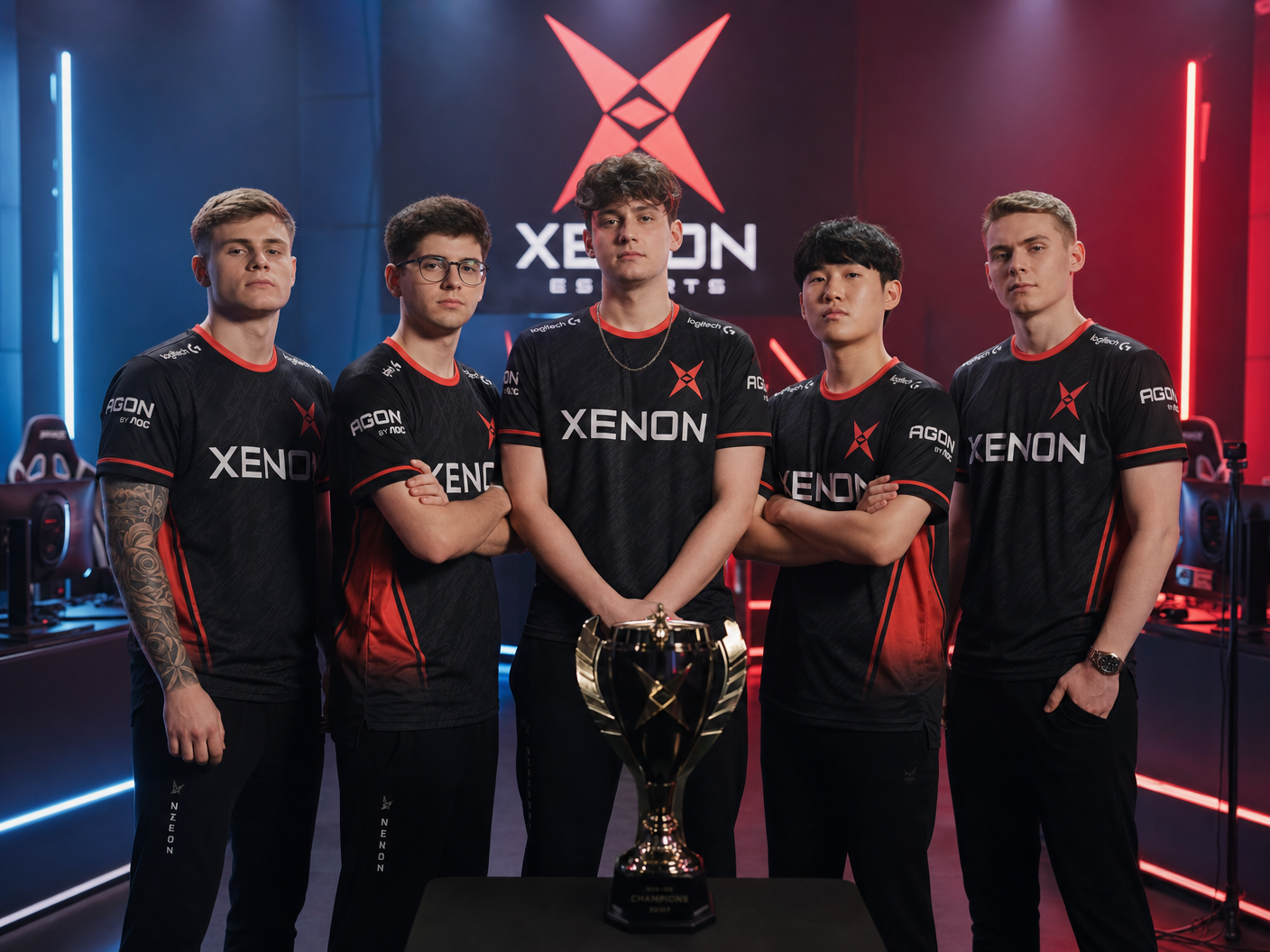 Esports team posing with trophy
